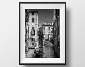 Venice Black and White Photo - Gondolas Gondoliers Canal Photography Poster Image Wall Art