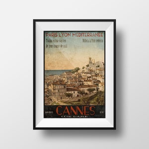 Affiche Vintage Cannes Côte d'Azur - Poster Voyage Cannes Côte d'Azur Provence Chemin de Fer Carte postale ancienne retro Decoration Murale