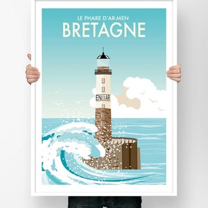 Cartaz de viagem da Bretanha - Farol Ar-Men Ilustração minimalista à beira-mar Vintage França Lembrança Decoração de parede