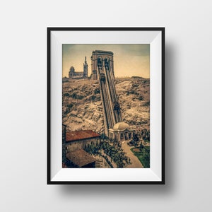 Antique Photo Marseille Funicular Notre Dame de la Garde - 1900's Color Picture Poster Souvenir Wall Art
