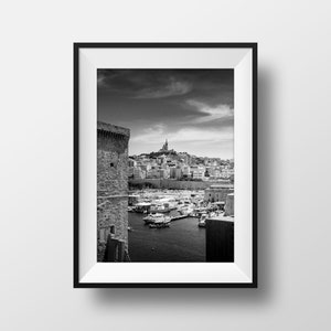 Marseille Black and White Photo Print - Fort Saint Jean The Old Port and Notre Dame de la Garde
