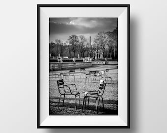 Fine ART Print of Paris  -  Chairs at Luxembourg Garden and The Eiffel Tower Photo in Black and White Street View Picture Poster France