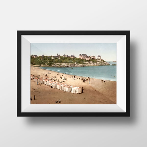 Photo Ancienne Bretagne Dinard  - Poster Vintage Affiche La Plage Cabines Photographie Rétro Ille et Vilaine Souvenir Décoration Murale