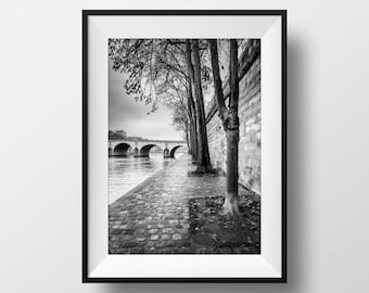 Photo Print Paris Quays of the Seine - Ile Saint Louis Black and White Image of Paris Street Scene Poster Poster Wall Art