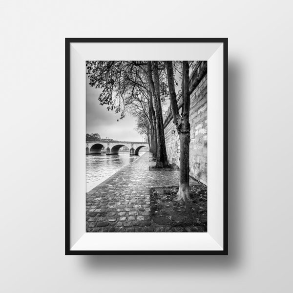 Photo Print Paris Quays of the Seine - Ile Saint Louis Black and White Image of Paris Street Scene Poster Poster Wall Art