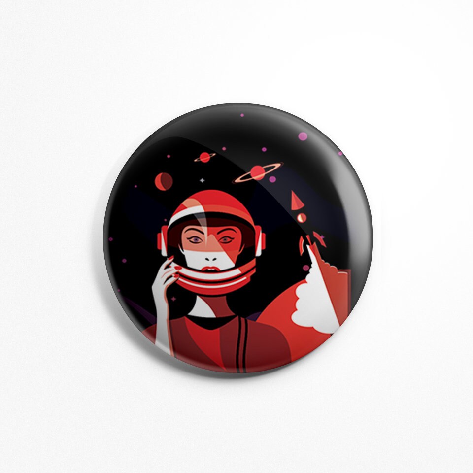 Magnet Rond Illustration - Space Girl Magnet Frigidaire Aimant Cuisine 56mm Diamètre Fusée Espace Fi