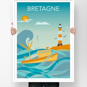 Brittany Cartaz de Viagem Cor-Pôster Vintage Minimalista Farol Ilustração Retro Barco Vintage França Lembrança Decoração de Parede