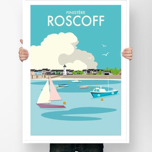 Brittany Roscoff Poster de viagem - Finistère Poster Minimalista Ilustração Barco Seaside Vintage França Lembrança Decoração de parede