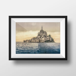 Foto antiga Le Mont-Saint-Michel Normandia - Poster Vintage Retro Fotografia Poster Lembrança Decoração de Parede França Mont Saint Michel