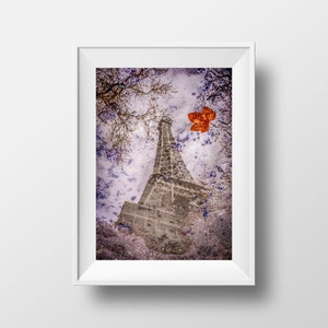 Paris Photo Fine Art Print - The Eiffel Tower Reflection Autumn Fall Leaves in Color Poster Cityscape Of France Wall Art