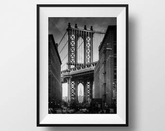 New York Photo Fine Art Print - Manhattan Bridge Black and White Picture Empire state Building Hudson NYC Street View Picture Wall ART