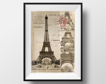 Photo of Paris Eiffel Tower Construction - Paris Fine Art Travel Poster Print Retro Picture of France Old Postcard France