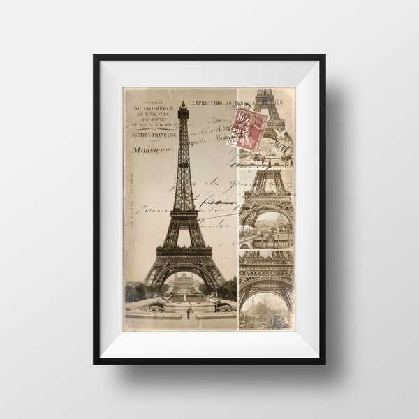 Affiche Vintage Paris Construction de la Tour Eiffel - Poster Tour Eiffel Paris Rétro Voyage Carte postale ancienne Image France Decoration