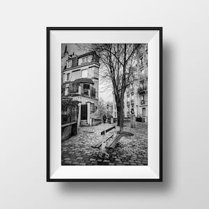 May include: A black and white photograph of a Parisian street scene. A tree stands in the center of the cobblestone street, with a bench beneath it. Two buildings flank the street, one with a visible door and the other with a window.