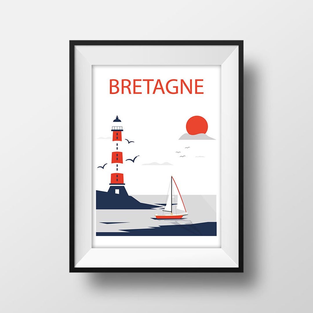 Affiche Voyage Bretagne - Poster Vintage Illustration Phare Minimaliste