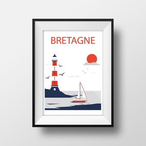 Brittany Travel Poster - Poster Vintage Minimalista Farol Ilustração Retro Barco Vintage França Lembrança Decoração de Parede