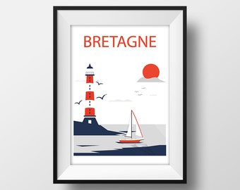 Poster Travel Brittany - Vintage Poster Illustration Lighthouse Minimalist Retro Boat France Souvenir Wall Art