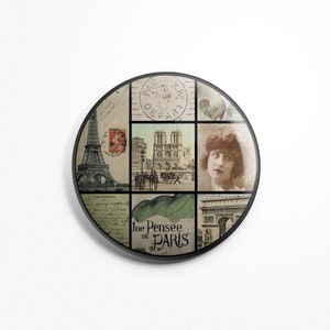 Magnet Rond Paris Vintage - Paris Ancien Collage Souvenir Une Pensée de Paris Frigidaire Aimant 56mm Diamètre Cuisine Décoration