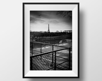 Tirage Photo Paris Tour Eiffel Jardin des Tuileries - Image en Noir et Blanc Poster Affiche Décoration Murale