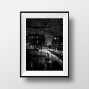 Paris By Night Photo Print - Ile Saint Louis Panthéon Pont Louis Philippe Black and White Poster Wall Art