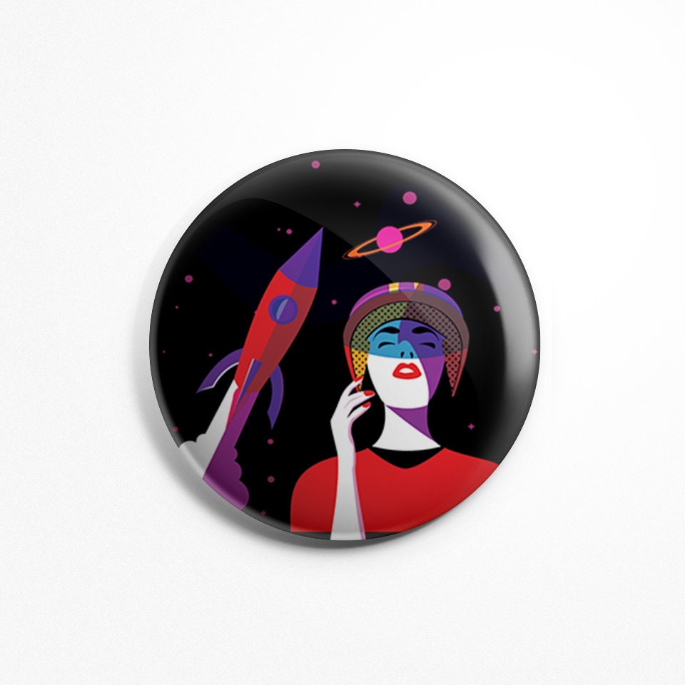 Magnet Rond Illustration - Space Girl Magnet Frigidaire Aimant Cuisine 56mm Diamètre Fusée Espace Fi
