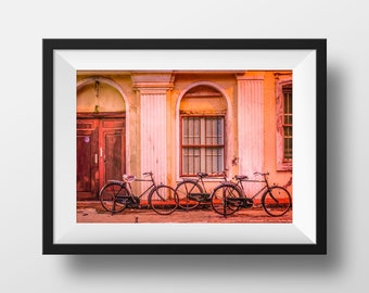 Photo print Pondicherry Street scene , vintage atmosphere and bicycles