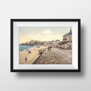 Foto antiga Brittany Saint-Malo - Pôster vintage de praia, cabines, fotografia retrô, Ille et Vilaine, lembrança, decoração de parede