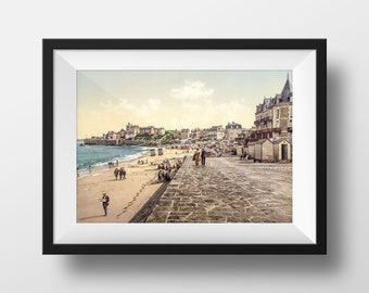 Old Print Brittany Saint-Malo - Vintage Poster The Beach Cabins Retro Photography Retro Ille et Vilaine Wall Art Decoration France