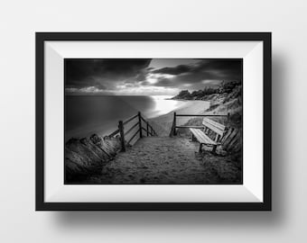 Photo Bretagne Noir et Blanc - Finistère Bord de Mer Image Photographie Paysage  Banc Plage Coucher Soleil Affiche Poster Décoration