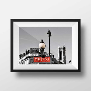 Fine ART Print of Paris  -  Métro Enseigne Red Guimard Rue de Rivoli Photo in Black and White splash of colors Street View Picture Poster