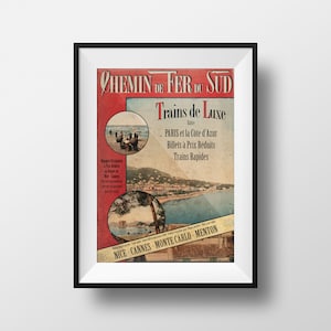Affiche Vintage Cannes Côte d'Azur - Poster Voyage Cannes Côte d'Azur Retro Provence Chemin de Fer Carte postale ancienne decoration