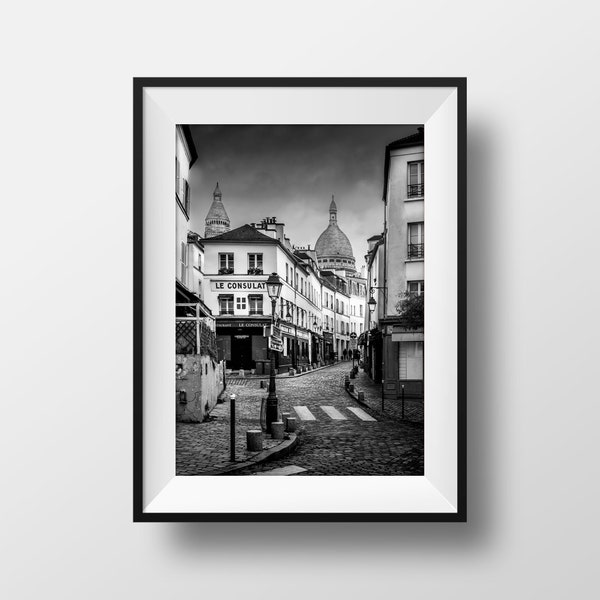 Photo Print of Paris Montmartre - Rue Norvins Old Paris Image Le Consulat in Black and White Poster Wall Art