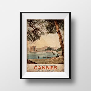 Plakat Vintage Cannes Côte d 'Azur - Poster Voyage Cannes Chemin de Fer Route Postkarte alte Wanddekoration Illustration