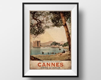 Vintage Print Cannes Côte d'Azur - Travel Poster Cannes Provence Railroad Ancient Postcard wall Art Illustration