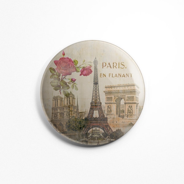 Magnet Rond Paris Vintage - Souvenir Paris en Flanant Tour Eiffel 1900 Frigidaire Aimant 56mm Diamètre Cuisine Décoration