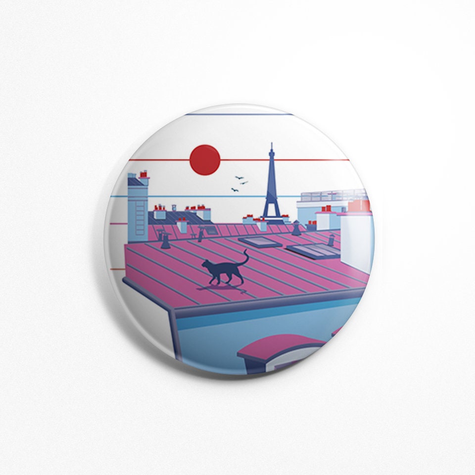 Magnet Rond Illustration Paris - Les Toits de et Le Chat Aimant Frigidaire Vector Art Tour Eiffel Cu