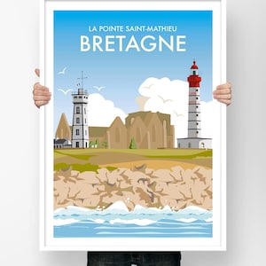 Cartaz de viagem da Bretanha - Pointe Saint Mathieu - Ilustração minimalista - Farol - Litoral - Vintage - França - Lembrança - Decoração de parede