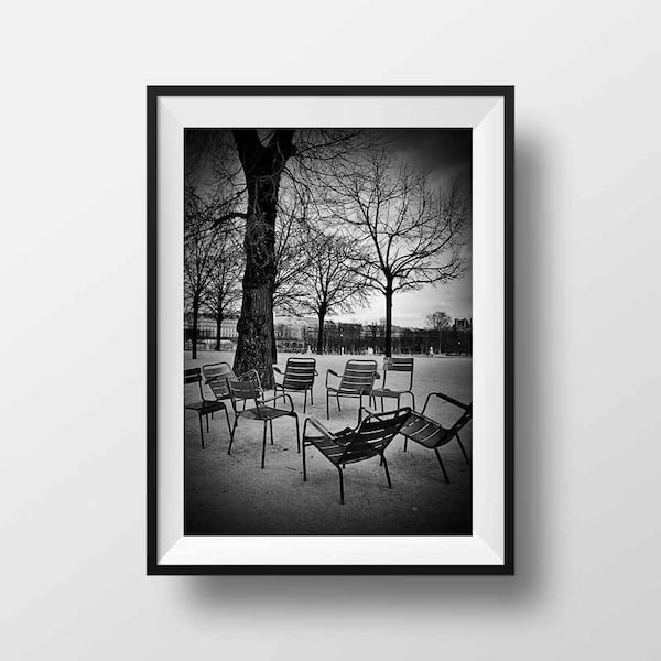 Fine ART Print of Paris  -  Chairs Tuileries Garden Black and White Ambiance Photo Poster Street View Wall Art Screen Print