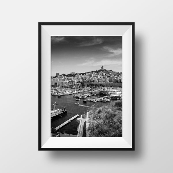Marseille Black and White Photo Print - The Old Port and Notre Dame de la Garde