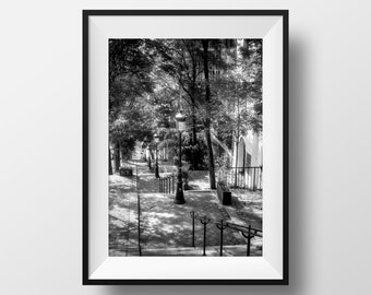 Tirage Photo de Paris – Vieux Paris Montmartre Escaliers Image de la Butte Photographie en Noir et Blanc Affiche Poster Décoration Murale