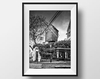 Tirage Photo de Paris Montmartre – Le Moulin de la Galette Image en Noir et Blanc Affiche Poster Décoration Murale