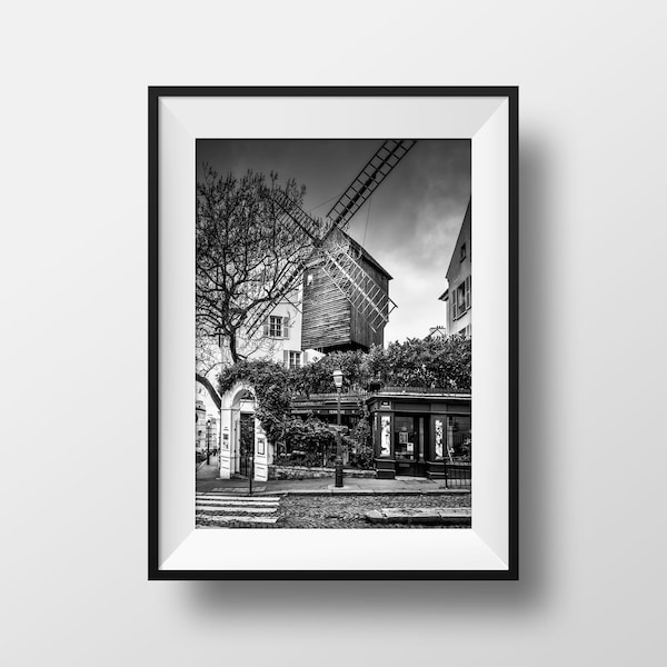 Tirage Photo de Paris Montmartre – Le Moulin de la Galette Image en Noir et Blanc Affiche Poster Décoration Murale