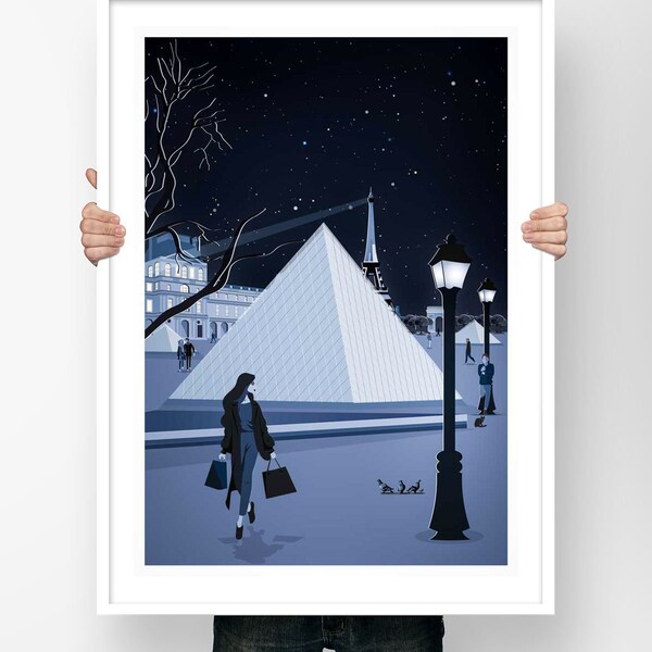 Affiche Paris Le Louvre - Poster Voyage Illustration Minimaliste Montmartre Le Louvre la Nuit Décoration Murale Vector Art