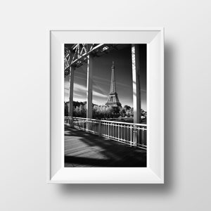 Fine ART Print of Paris  -  Eiffel Tower and Debilly Passerelle Photo in Black and White France Cityscape