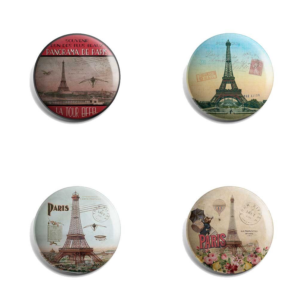 Magnet Rond Paris Vintage - 4x Différents Magnets Ronds 56mm Diamètre Ancien Tour Eiffel Souvenir Fr
