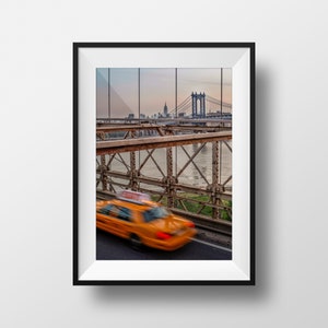 New York Photo Fine Art Print - Manhattan Bridge and Brooklyn Bridge Yellow Cab at Dawn in Color Picture Hudson NYC Street View Picture