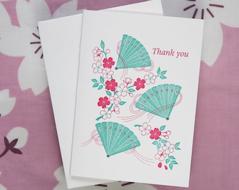 Thank You Japanese Letterpress Card | Fans and Sakura