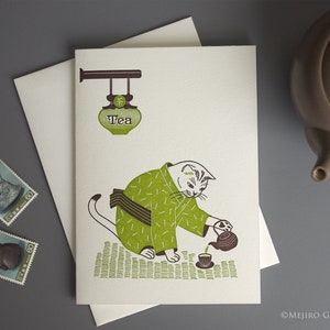 Tea Master Kimono Cat Letterpress Greeting Card | Gift for Tea Lovers