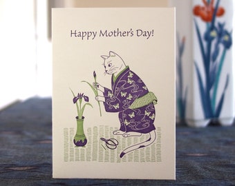 Mother's Day Cat Letterpress Card | Cat Mother Card Handmade Cat Mom Gift Iris Japanese Mother's Day Card