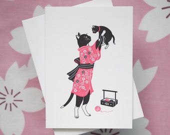 Mom & Kitten Black Cat Letterpress Card | Japanese Mother's Day Cards Cat Mom Birthday Card for Cat Lover Tuxedo Cat New Baby Announcement